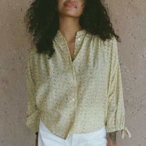 NWT Doen O’Keeffe Cotton Button Up Blouse Top Butter Yellow Moonflower Floral